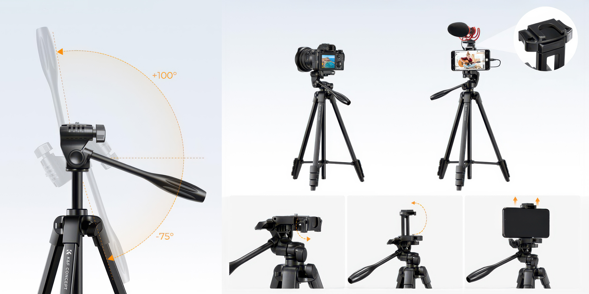 Statyw video K&F Concept S174A1 z uchwytem na telefon i pilotem - czarny - Smartfony, aparaty i kamery